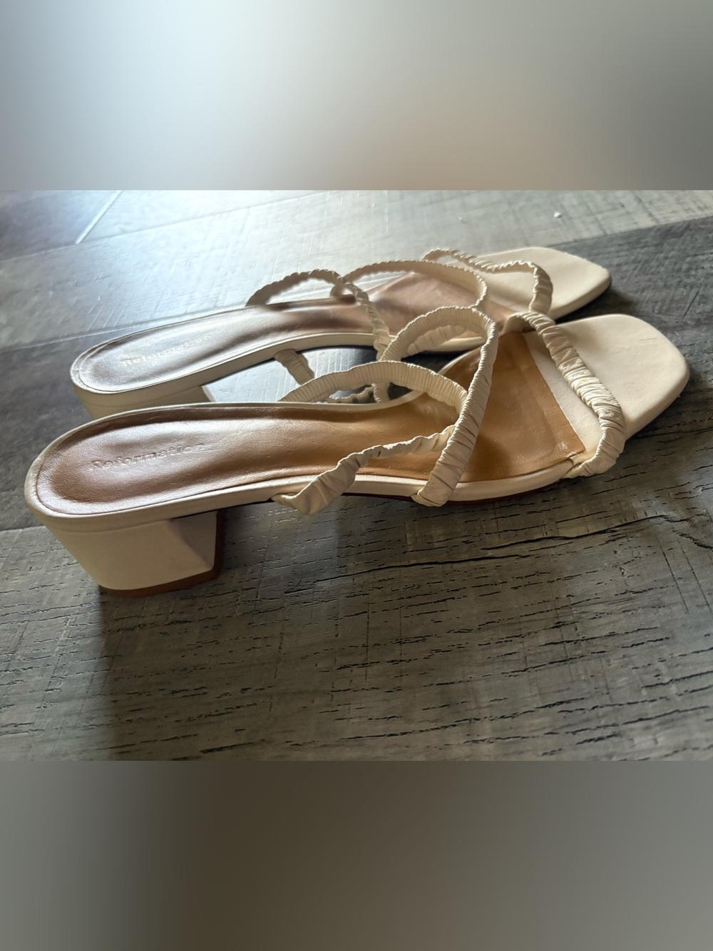 Reformation Cream Ruched Strap Block Heel Sandals - Picture 2 of 5
